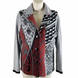 Minkas Patchwork Knit Jacket Small Artwear Button Front Gray Red